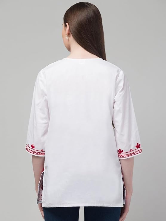 Meyara Women's Cotton Kurti with Floral Embroidery | 3/4 Sleeve Ethnic Top | Embroidered Tunic for Casual - Image 5