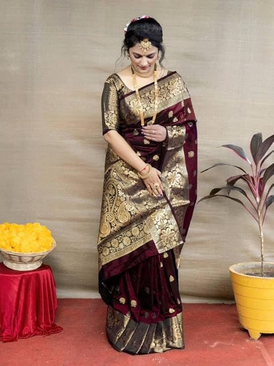 C J Enterprise Women's Pure Soft Kanjivaram Silk Saree For Wedding Banarasi Style Sari With Blouse Piece (Vruksh-50) - Image 4
