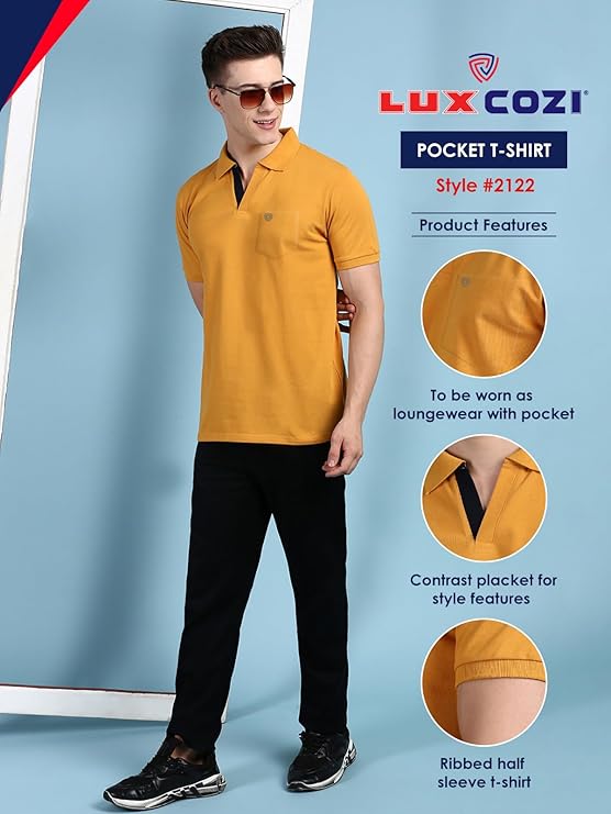 Lux Cozi Men's Half Sleeve Soild Casual Regular Fit T-Shirt with Chest Pocket | Polo Tshirt for Men - Image 5