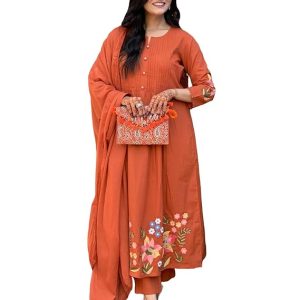 GoSriKi Women's Embroidered Viscose Anarkali Kurta Set with Dupatta - Orange Traditional Festive