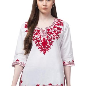 Meyara Women's Cotton Kurti with Floral Embroidery | 3/4 Sleeve Ethnic Top | Embroidered Tunic for Casual