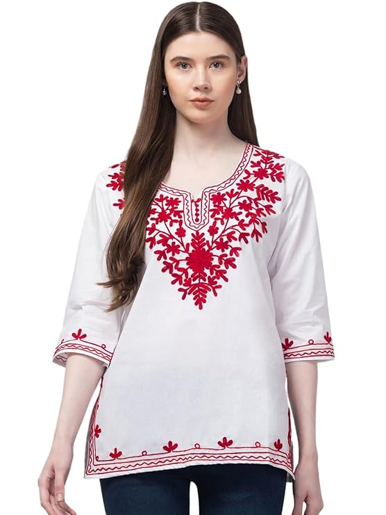 Meyara Women's Cotton Kurti with Floral Embroidery | 3/4 Sleeve Ethnic Top | Embroidered Tunic for Casual