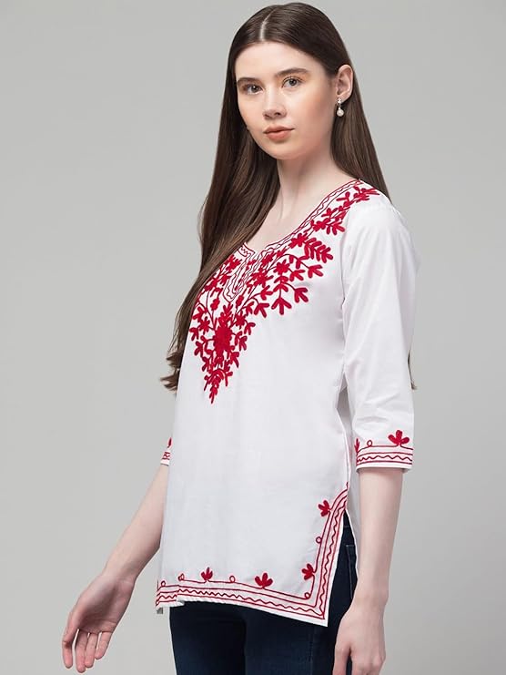 Meyara Women's Cotton Kurti with Floral Embroidery | 3/4 Sleeve Ethnic Top | Embroidered Tunic for Casual - Image 3