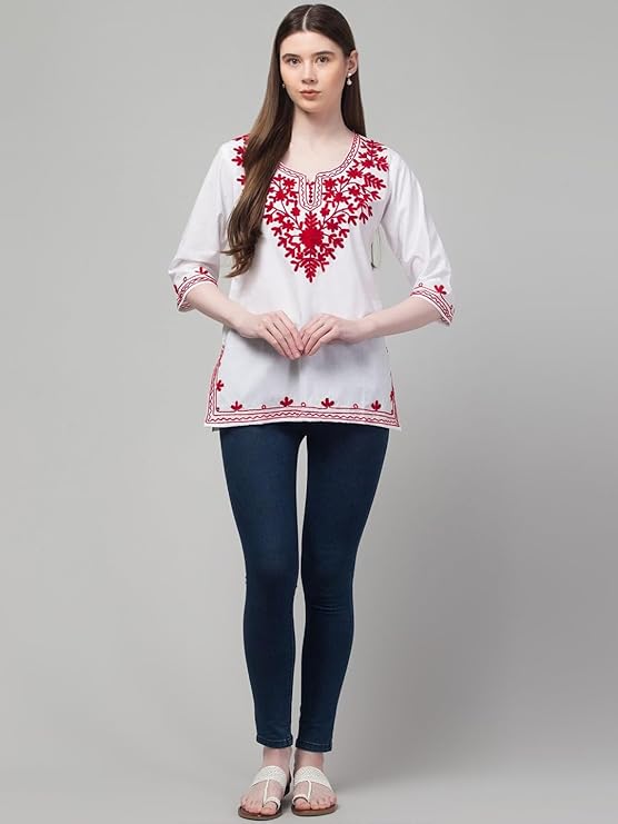 Meyara Women's Cotton Kurti with Floral Embroidery | 3/4 Sleeve Ethnic Top | Embroidered Tunic for Casual - Image 2