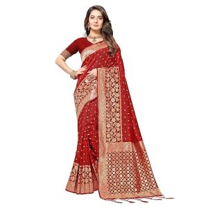 Rekha Maniyar Silk Women's Thread And Zari Work Woven Banarasi Saree With Tassels And Unstitched Blouse Piece (Mysoremagic)
