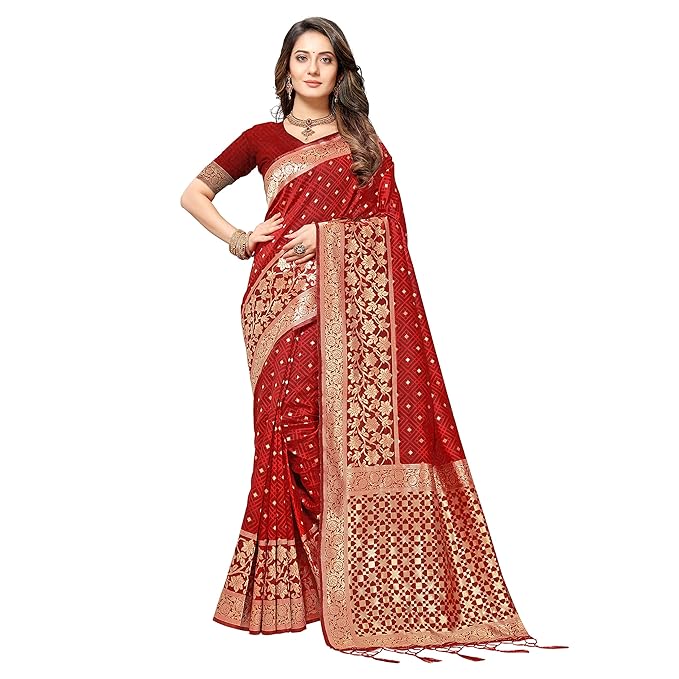 Rekha Maniyar Silk Women's Thread And Zari Work Woven Banarasi Saree With Tassels And Unstitched Blouse Piece (Mysoremagic)